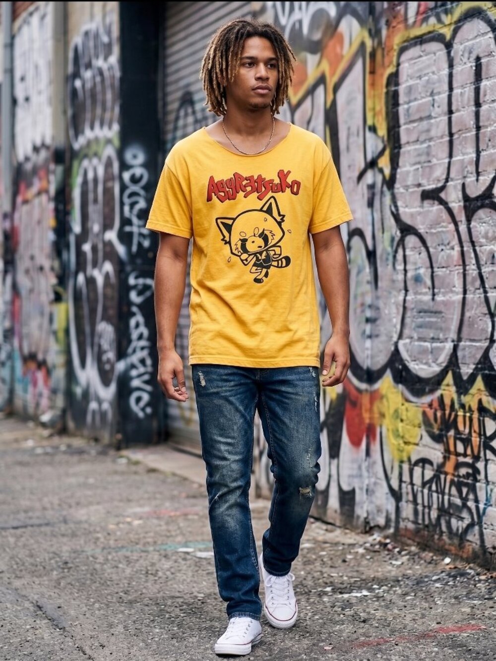 Sanrio Aggretsuko "Metal Till Die" Yellow Graphic T-Shirt XL